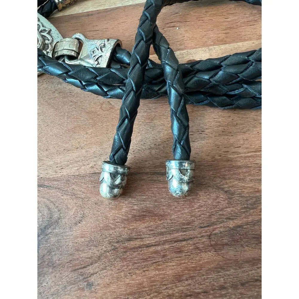 Brighton vintage 90's braided leather belt silver lariat buckle S M L XL black